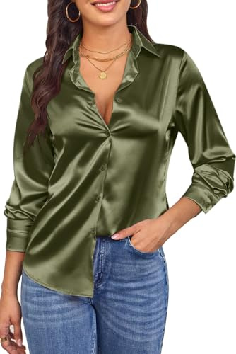 CBOO Damenbluse aus weichem Satin, Seide, Knopfleiste, langärmelig, seidig, glatt, dezent glänzend, Blusen, F Olivgrün, Medium
