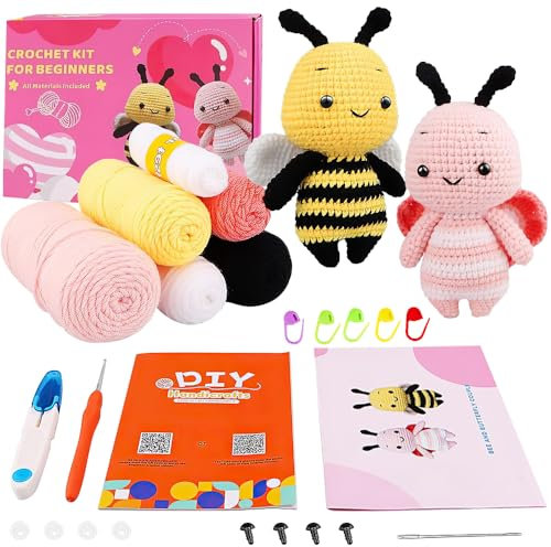 KBIBCK Häkelset für Anfänger, Tiere Häkelset, Stricken für Anfänger Set, Tiere Häkeln für Anfänger Set, Kunsthandwerksset für Kreative Projekte (Bienenpaar)