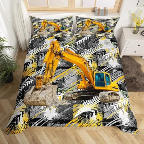QBIDCSX Bettwäsche 135x200 Bagger Kinderbettwäsche Bettwäsche Set für Kinder Mädchen, Weiche Mikrofaser Bettbezüge 135x200 cm mit Reißverschluss + 2 Kissenbezug 80x80 cm