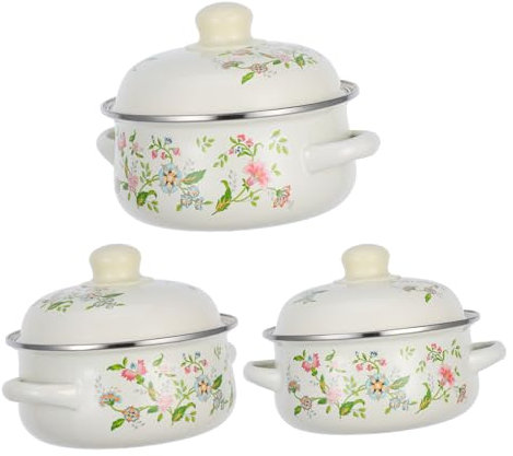 Garneck 3pcs Retro Enamel Cookware Mini Soup Pot Vintage Enamelware Cooking Pot Lid Small Saucepan for Kitchen Use