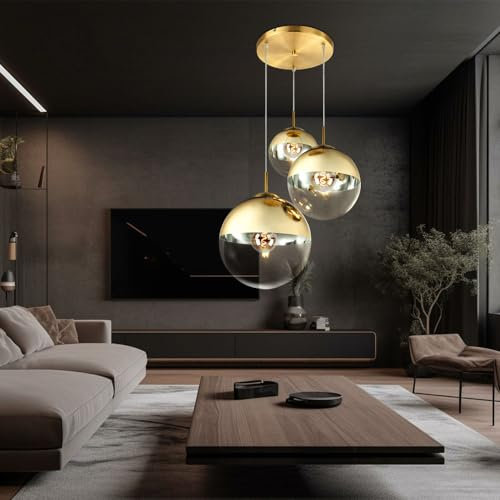 Hängelampe Pendelleuchte Glas 3 flammig goldfarben Glaskugel Pendelleuchte Glaskugel Esstischlampe, Metall, 3x LED 7W 806Lm warmweiß, DxH 51x120 cm