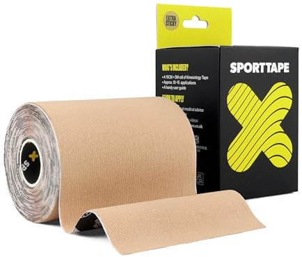 SPORTTAPE Extra Wide Kinesiology Tape 10cm x 5m - Beige | Waterproof, Hypoallergenic, Muscle Support Recovery Tape for Sports Injuries, Physio, Lower Back, Binding, Chest Taping | Single Uncut Roll