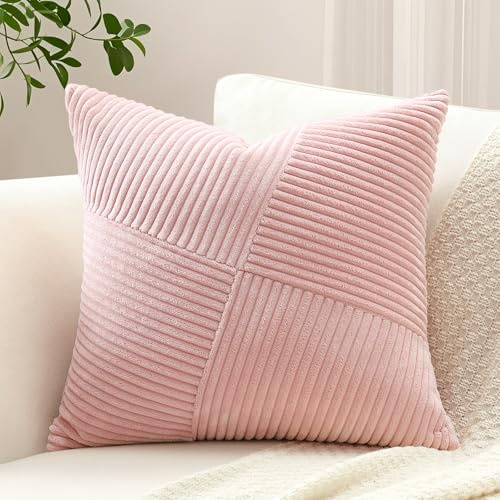 Sungeek 1 Stück Cord Kissenbezug, Windmühle Streifen Muster Kordsamt Kissenbezüge Dekokissen Sofakissen Patchwork Design Deko Zierkissenbezüge Kissenhülle für Wohnzimmer (50x50cm, Rosa)