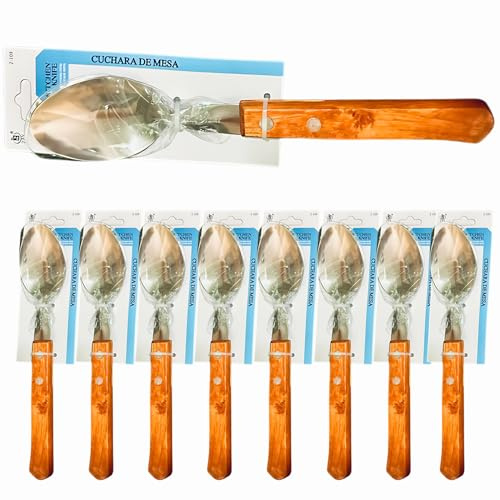 Set de 8 Cucharas de Mesa con Mango de Madera Natural y Cabeza de Acero Inoxidable – Cucharas Resistentes, Elegantes y Ergonómicas para Uso Diario o Restauración, Camping, Trabajo, Colegio
