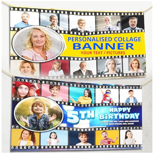 Personalisiertes Happy Birthday Banner, benutzerdefinierte Fotobanner, Jubiläum & Party Dekoration für Ihn, sie, Kinder - 1. 5. 16. 18. 21. 30. 40. 50. 60. 70. - Groß für drinnen und draußen