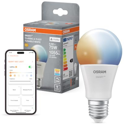 Osram SMART+ LED-Lampe A75 Kolbenform E27 Tunable White, dimmbar, steuerbar per App und Sprache, Matter-fähig, 9,5W, 2700-6500K, WiFi
