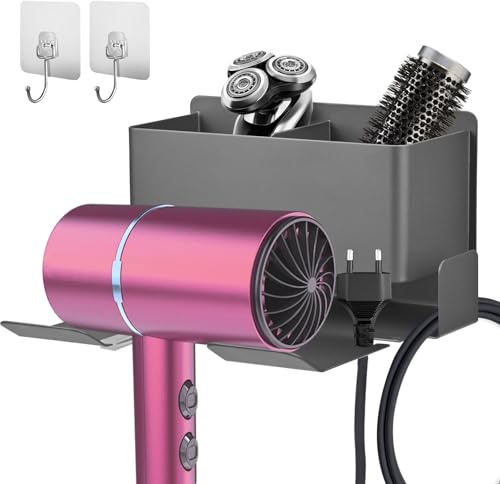 Fönhalter Ohne Bohren - Föhn Halterung mit Kabelhalter und Aufbewahrung Kohlenstoffstahl Selbstklebend Haartrocknerhalter, Wand Föhnhalterung Bad Ohne Bohren für Meisten Fön 14 * 13.8cm Bad Barbershop