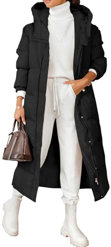 Abrigo largo negro acolchado para mujer, chaqueta acolchada de invierno con capucha y manga larga