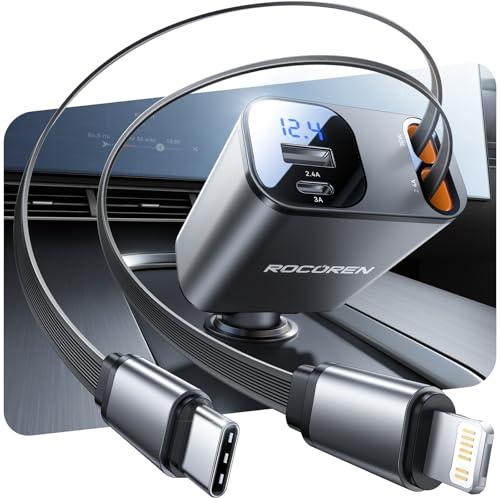 Rocoren 4 in 1 Zigarettenanzünder USB C 69W Auto Ladegerät Adapter Schnellladegerät mit einziehbare Kabel, Auto Zubehör Camping Gadgets Wohnmobil Accessoires für iPhone 17 Pro Max Air, Samsung