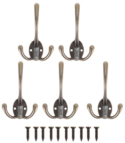 DUZEPA 5PCS Wall Hooks, Retro Heavy Duty Triple Hooks for Coat Jacket Hat Bag Robe Towel Scarf Keys Cup (Vintage Bronze)