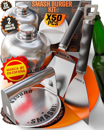 SMASHI® Smash Burger Professionell bassats + spatel med öppnare | Hamburgerpress 304 rostfritt stål EU-certifierad | 50 non-stick papper | Original Smash Kit (professionell)