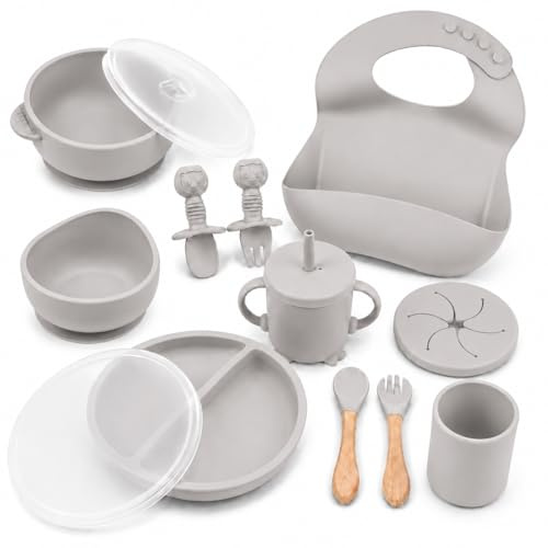 14 Piezas Vajilla Bebé Set de Alimentación Silicona BLW Antideslizante Gris | Plato, bol, vaso, taza, babero y cubiertos - Silicona sin BPA - Ventosa antideslizante - Ideal Baby Led Weaning