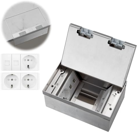 Prise de sol pour réservoir de sol 16 A 4000 W : prise encastrable 2 prises en acier inoxydable pour cuisine, bureau, maison, argent AC 250 V (3 prises + 2 RJ45)