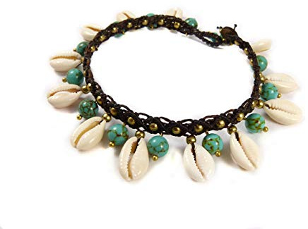 Fußkettchen mit Kauri Muscheln und Türkis Perlen - Thailand Makramee Tribal Surfer Fußband