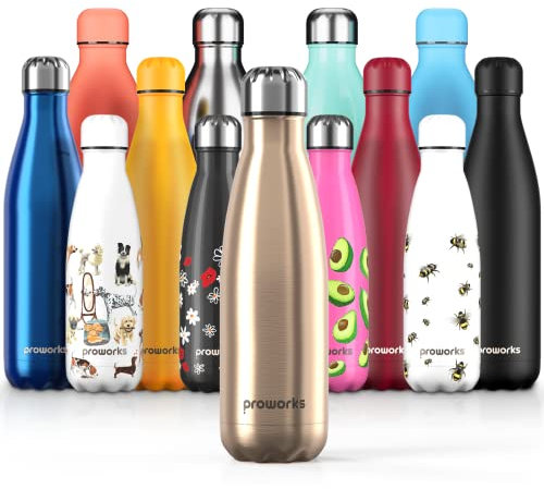 Proworks Edelstahl Trinkflasche | 24 Std. Kalt und 12 Std. Heiß - Premium Vakuum Wasserflasche - Perfekte Isolierflasche für Sport, Laufen, Fahrrad, Yoga, Wandern und Camping - 1 Liter - Gold