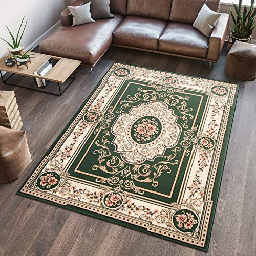 TAPISO Atlas Teppich Kurzflor Grün Creme Bordüre Floral 300 x 400 cm | Wohnzimmer Klassisch Schlafzimmer Traditioneller Teppich für Wohnzimmer Esszimmer OEKO-TEX