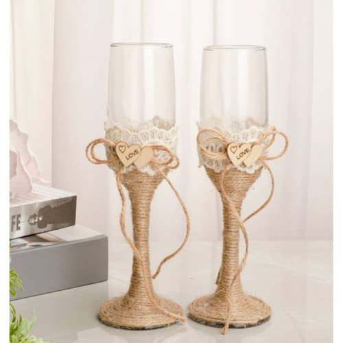Elegantes Copas Rusticas Artesanales de Cristal y Yute para Brindis de Novios Love. Vajillas y Complementos. Decoración Hogar. Regalos Originales. Detalles para Bodas. DK