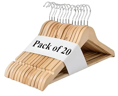 REQUISITE NEEDS Wooden Coat Hangers 20 Pack With 360 Degree Rotatory Hook Strong Shoulder Notches Wardrobe Wooden Garments Hangers Made By Natural Wood and Non-Slip Trouser bar
