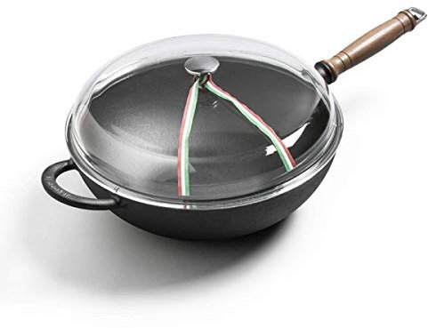 Cuisine Wok à fond plat, en acier au carbone avec couvercle et Sauté Spatule, recettes incluses Wok
