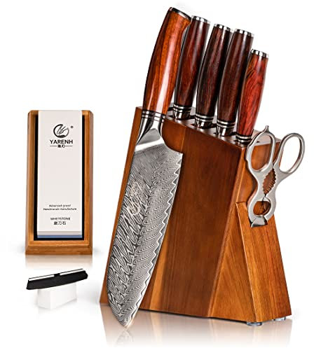YARENH 8-Teilig Damastmesser Set mit Messerblock, 73 Schichten Damaststahl Küchenmesser Set, Profi Scharf Damast Kochmesser, Ergonomischer Sandelholzgriff, Messerset mit Geschenkbox
