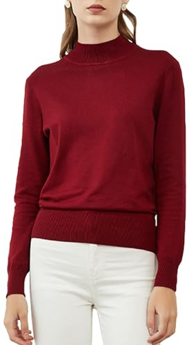 Woolicity Women's Mock Turtle Neck Jumper Knitted Half Turtleneck Pullover Stretch Long Sleeve Sweater Tops Red Wine