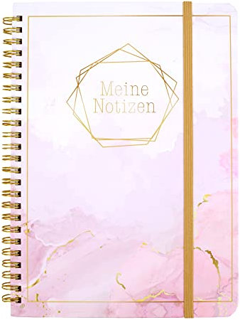 LINGEN Notizbuch: modernes Notizbuch mit Spiralbindung und Gummiband, linierte Seiten zum Eintragen, Notieren und Selbstgestalten in Rosa und Gold, 22 cm x 16 cm, 96 Seiten