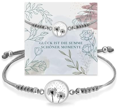 Armband Damen Pusteblume Stoff mit Edelstahl Anhänger Glücksbringer Wunscherfüller im Charm Design Geschenk für Freundin inkl. Geschenkverpackung (1 x Armband Pusteblume Grau)