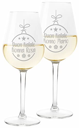 Colorfamily Coppia Calici Personalizzati Set da 2 calici Vino Buon Natale Nonno Nonna Personalizzabili con Nome Natale Compleanno Matrimonio Fidanzamento - Bicchiere in Vetro 500 ml