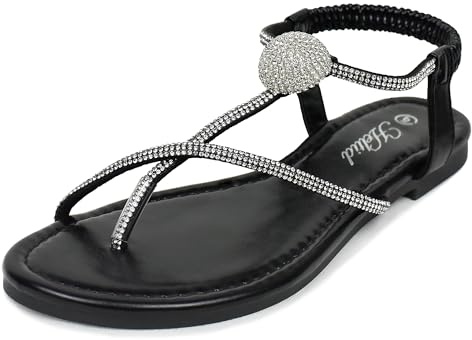 Heltid Women's Rhinestone Thong Flats Sandals, Clip Toe Elastic T-Strap Bohemia Dressy Sandals for Women Black Size 8.5 M US
