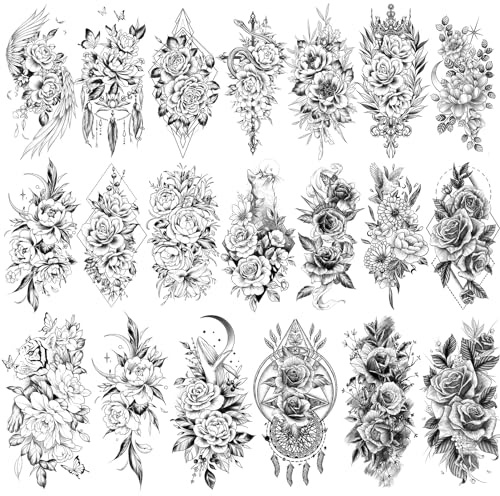 20 Blatt Rosa Halbarm Tattoos Temporäre Tattoos für Frauen Große gefälschte Tattoos Real Aussehen Lange Halt Körpertattoos und temporäre Tattoos Ärmel für Erwachsene Mädchen Hals Arm