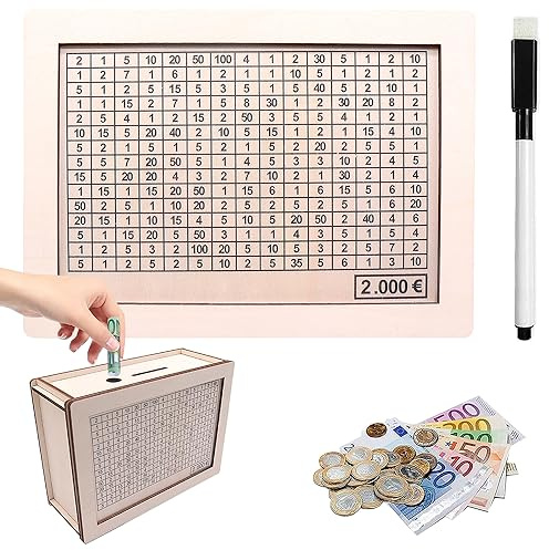 2000 Euro Hucha de Madera, Caja de Ahorros de Madera Reutilizable, Huchas para Adultos y Niños