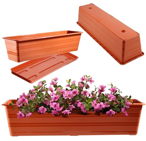 KADAX Blumenkasten 60 cm mit Untersetzern Terracotta, Balkontopf aus Kunststoff, Witterungsbeständiger Pflanz-Kasten, Blumentopf, Geländerkasten für Blumen, Kräuter