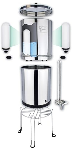 NEWTON 6L Système de filtre à eau à la gravité de Premium avec élimination du fluor et réduction du calcaire | Système avec 2 bougies de filtre, support en acier inoxydable et robinet de verre à vue