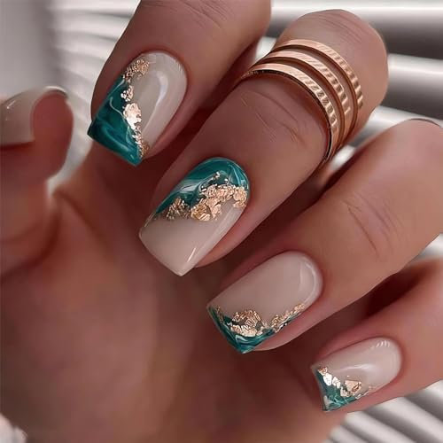 Kryzalite® 24 Stück Marmor-Kurznägel zum Aufdrücken, quadratische Form, zum Aufkleben auf die Nägel für Frauen, mittellange künstliche Nägel mit Motiven, Cyan-Nude