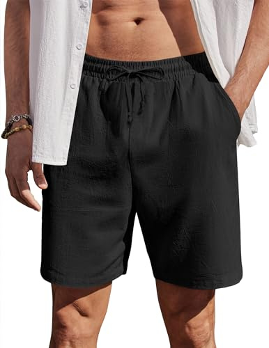 COOFANDY Pantalón Corto para Hombre de Verano Algodón con Cintura Elástica Pantalón Playa Vacaciones Casual Shorts con Bolsillos Negro L