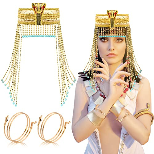 3 Stück Ägyptische Kostümzubehör Ägyptische Kobra-Stirnband, Krone der Königin von Ägypten, Goldenes Schlangenarmband, Schlangenarmmanschette, Kleopatra-Kostüm der Königin des Nils