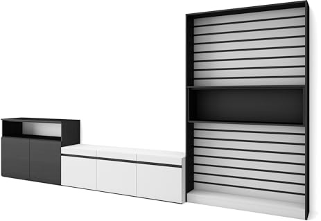 Skraut Home | Wohnwand Wohnzimmer | Wohnzimmermöbel, Möbelset | 360x186x35cm | Für TV-Geräte bis zu 65 | Wohnzimmer Möbel | Moderner Stil | Weiß und Schwarz