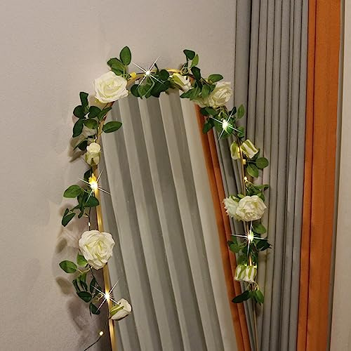 buywin Rose Garland String Lights Artificial Flower Garland with LED Light Strings, Rose Vine Lights Hanging Decor for Wedding Party Bedroom Home Window(White)