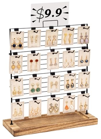 Emfogoo Earring Storage Organiser, Wood Earring Holder with 20 Removable Hooks, 4 Tier Earring Stand for Earring, Bracelets, Keychains, Earring Organiser for Women Girls Gifts(Rustic Brown)