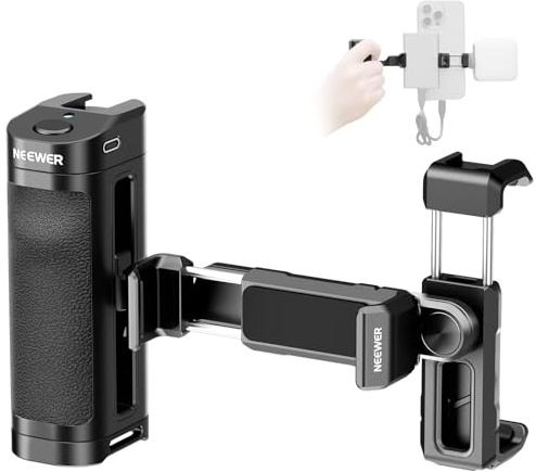NEEWER Bluetooth Seitengriff Auslöser mit 55-82mm 360° drehbar Telefon Klemme und SSD Halterung, Cold Shoe, 100mAh wiederaufladbarer Akku kompatibel mit iPhone 15 Pro Max Samsung T5/T7/T9 SSD, PA028