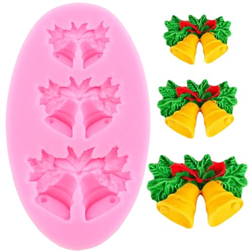 XMOLDNMS Stampo in silicone a forma di campana di Natale, a forma di foglia di agrifoglio, per decorare torte, cupcake, cioccolato, caramelle, pasta di gomma, argilla polimerica