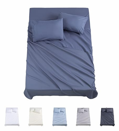 Todocama Juego de Sábanas de 4 Piezas - 3001 - Sábana Bajera Ajustable - Encimera - Dos Fundas de Almohada de 50x80cm, (Cama 135-135x190/200 cm, Azul Grisáceo)