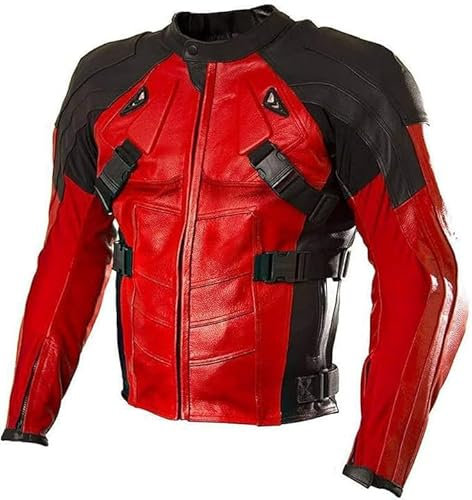 A&M Express Motorradjacke für Herren, winddicht, Leder, gepolstert, für alle Jahreszeiten, rot / schwarz, XXL