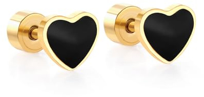 Black Enamel Heart Love Screw Back Small Stud Earrings for Women Girls Minimalist Stainless Steel Cartilage Tragus Piercing Sleeper Studs Jewelry
