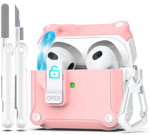 R-fun - Funda para AirPods de 3.ª generación 2021, protección Total contra caídas, Tapa emergente automática para Apple Airpod 3 Gen con Kit de Limpieza y Llavero,Blanco/Rosa