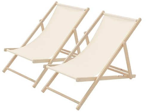 ECD Germany 2X Sillas de Playa de Madera, Beige Tumbona Plegable con Respaldo Ajustable en 3 Posiciones de Reclinación Asiento de Relax para Jardín, Piscina, Terraza o Balcón, Carga hasta 120 kg