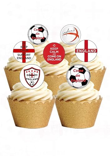 24 Precut Round Come On England Football Sport Edible Wafer paper Cake Cupcake Toppers Decorations