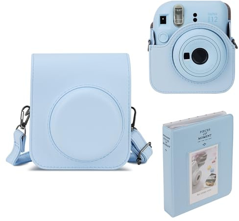 Mumlicha Étui en cuir synthétique photo et album de 64 poches compatible Fujifilm Instax Mini 12, Mini 12 avec bandoulière réglable (bleu)