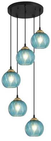 KCO Beleuchtung Moderne Blaue Glas Kronleuchter Kugel Cluster Pendelleuchte Schwarz und Gold Küchen Pendelleuchte Nordische Geriffelte Glas Pendelleuchte Große Runde Kronleuchter