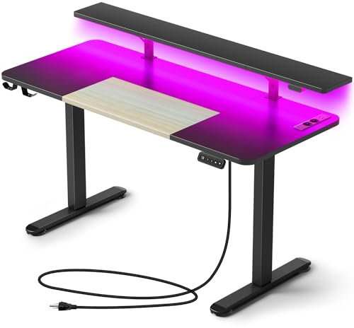 Rolanstar Höhenverstellbarer Schreibtisch 140x60 cm, Elektrischer Steh-Sitz Tisch mit LED, Steckdosen & USB-Ladeanschluss, Ergonomischer Gaming & Homeoffice Computertisch, Standing Desk für Büro